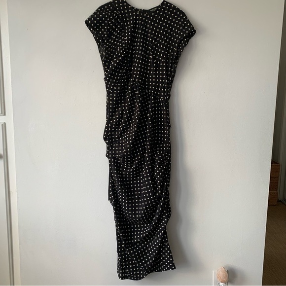 Rachel Comey New Delirium Silk Polka Dot Ruched Midi Short Sleeve Dress Black - Picture 6 of 14